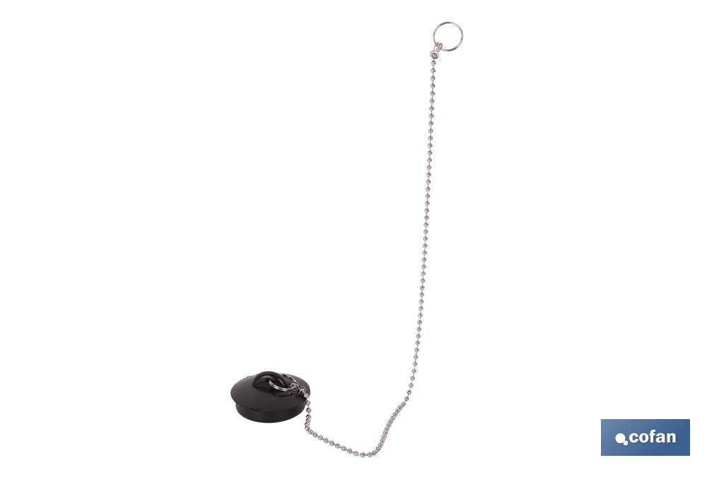 Tapón de drenaje con cadena y dos anillas | Tapón de PVC negro y cadena de acero inox. | Disponible en varias medidas - Cofan