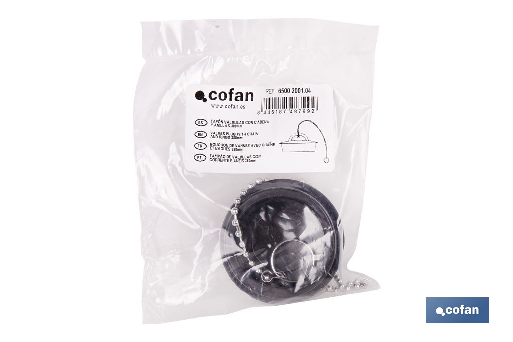 Tapón de drenaje con cadena y dos anillas | Tapón de PVC negro y cadena de acero inox. | Disponible en varias medidas - Cofan