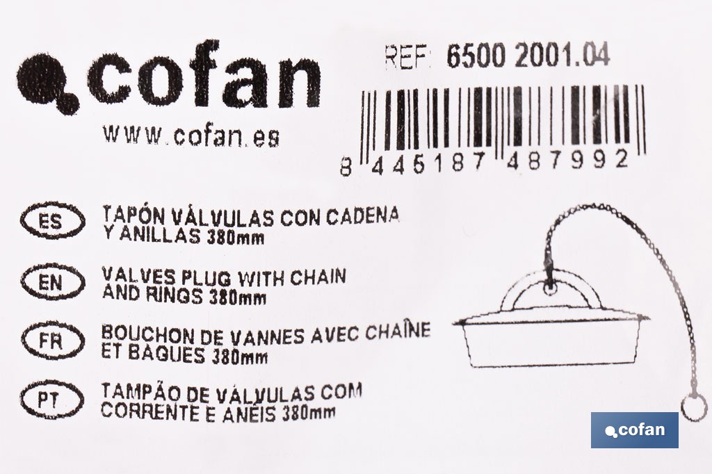 Tapón de drenaje con cadena y dos anillas | Tapón de PVC negro y cadena de acero inox. | Disponible en varias medidas - Cofan
