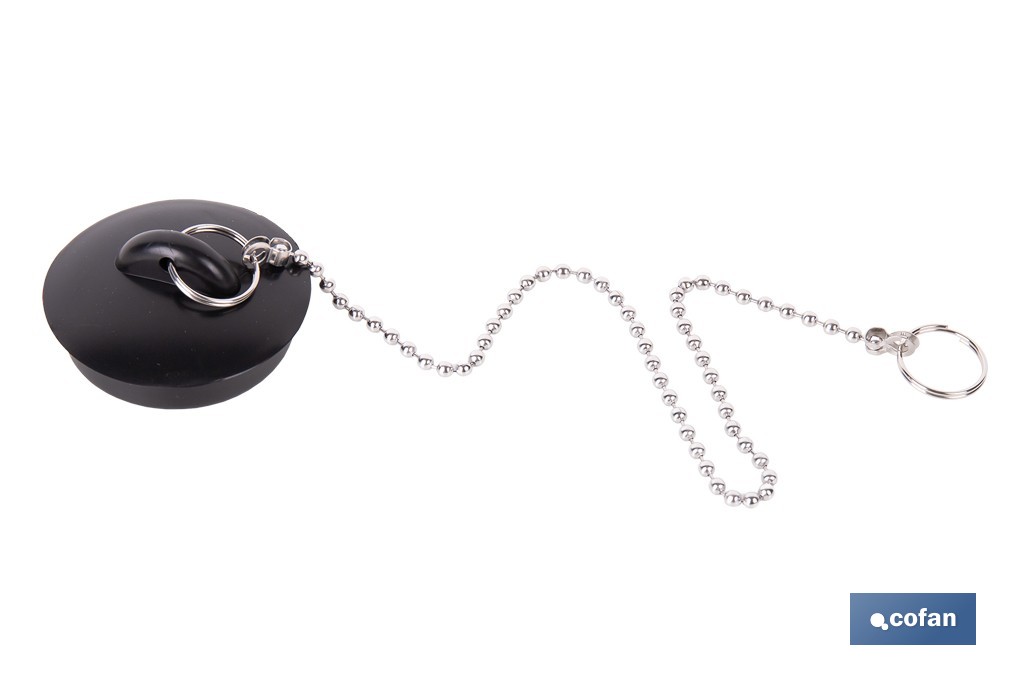 Tapón de drenaje con cadena y dos anillas | Tapón de PVC negro y cadena de acero inox. | Disponible en varias medidas - Cofan
