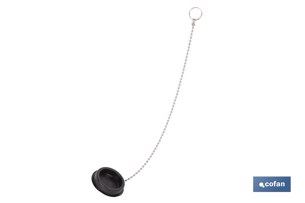 Tapón de drenaje con cadena y dos anillas | Tapón de PVC negro y cadena de acero inox. | Disponible en varias medidas - Cofan