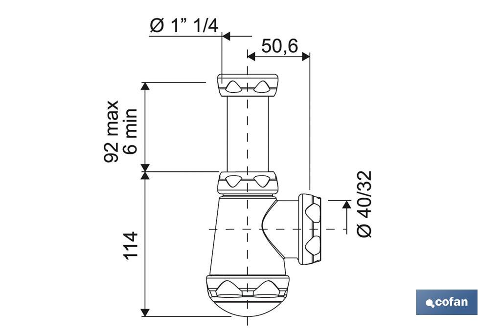 Siphon Bouteille Court | Extensible | Raccord de 1" 1/4 | Avec Sortie de 40 mm | Joint Conique réducteur de Ø32 mm - Cofan