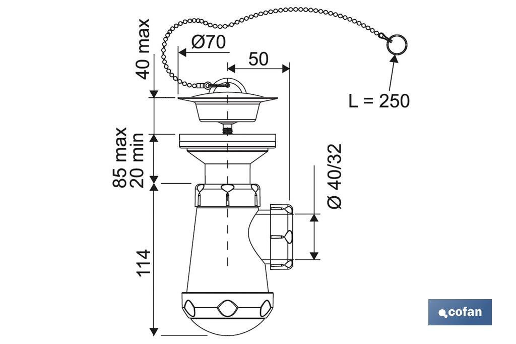 Siphon Bouteille Court | Extensible | Raccord de 1" 1/4 | Avec Sortie de 40 mm | Joint Conique réducteur de Ø32 mm - Cofan