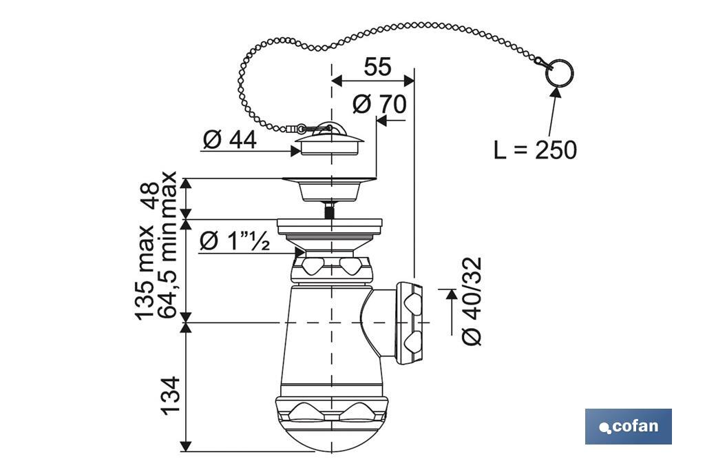 Siphon Bouteille | Avec Sortie de Ø40 mm | Avec Raccord de 1" 1/2 x 70 | Valve pour Lavabo et Bidet | Fabriqué en Polypropylène - Cofan