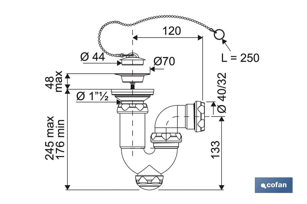 Sifão Curvo | Com saída de Ø40 mm | Com Racor 1 "1/2 x 70 | Válvula para lavatório e bidé | Fabricado em Polipropileno - Cofan