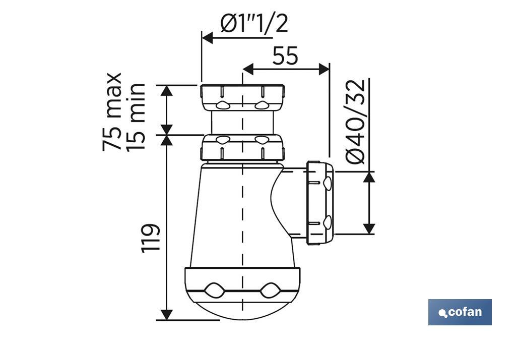 Siphon Bouteille | Avec Sortie de Ø40 mm | Avec Raccord de 1" 1/2 x 70 | Valve pour Lavabo et Bidet | Fabriqué en Polypropylène - Cofan