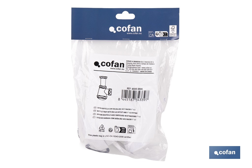 Bottle Trap | With Ø40mm Outlet | With 1" 1/2 x 70 Fitting | Basin and Bidet Valve | Polypropylene - Cofan