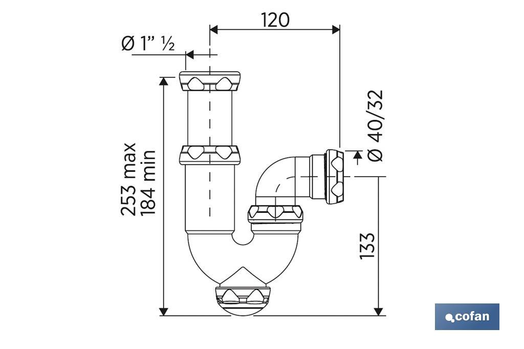 Sifão Curvo | Com saída de Ø40 mm | Com Racor 1 "1/2 x 70 | Válvula para lavatório e bidé | Fabricado em Polipropileno - Cofan