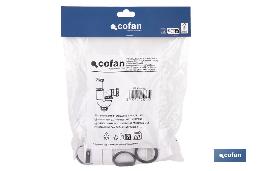 P-Trap | With Ø40mm Outlet | With 1" 1/2 x 70 Fitting | Basin and Bidet Valve | Polypropylene | Ø32mm Conical Reduction Gasket - Cofan