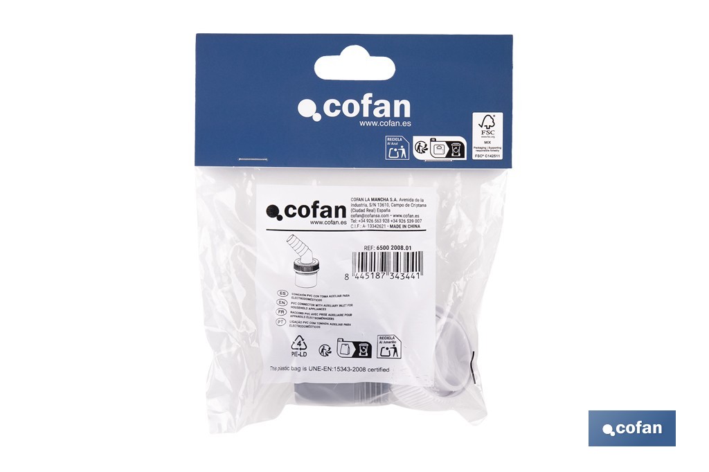 Conexión | Medidas: Ø40 mm | Con Toma para Electrodomésticos | Fabricada en PVC - Cofan