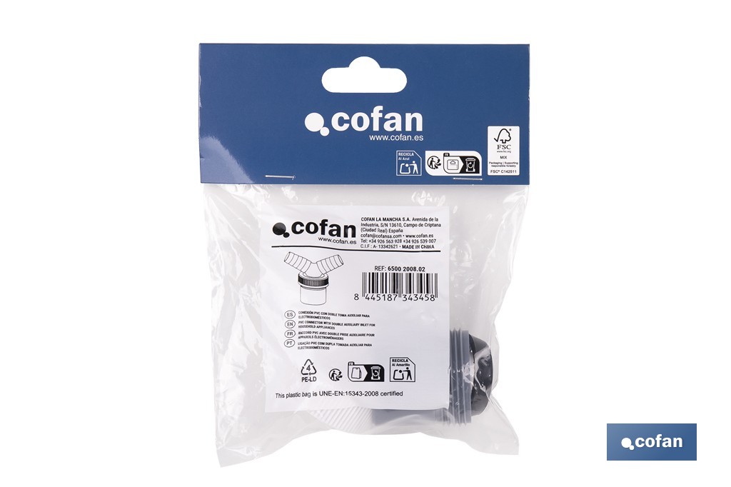 Conexión | Medidas: Ø40 mm | Con Toma para Electrodomésticos | Fabricada en PVC - Cofan