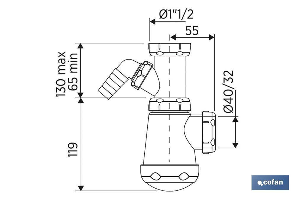 Siphon Bouteille | Avec Sortie de Ø40 mm | Avec Raccord de 1" 1/2 | Fabriqué en Polypropylène | Joint Conique Réducteur de Ø32 mm - Cofan