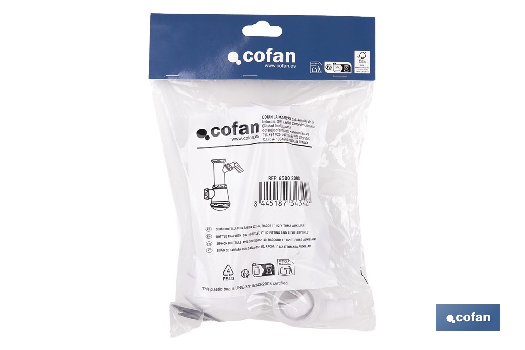 Bottle Trap | With Ø40mm Outlet | With 1" 1/2 Fitting | Polypropylene | Ø32mm Conical Reduction Gasket - Cofan