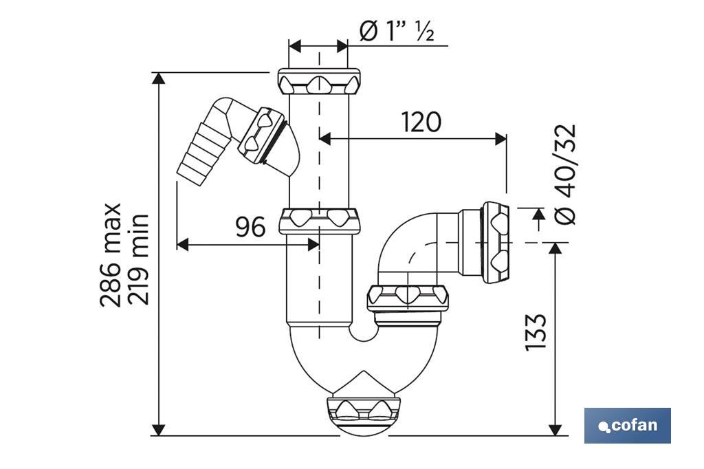 P-Trap |With Ø40mm Outlet | With 1" 1/2 Fitting | Polypropylene | Ø32mm Conical Reduction Gasket | Coupling - Cofan