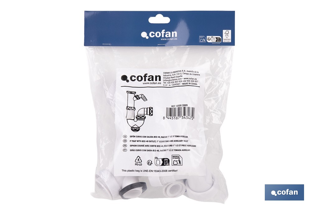 Sifão curvo | Com saída de Ø40 mm | Com racor 1 "1/2 | Fabricado em Polipropileno | Junta cónica redutora Ø32 mm - Cofan