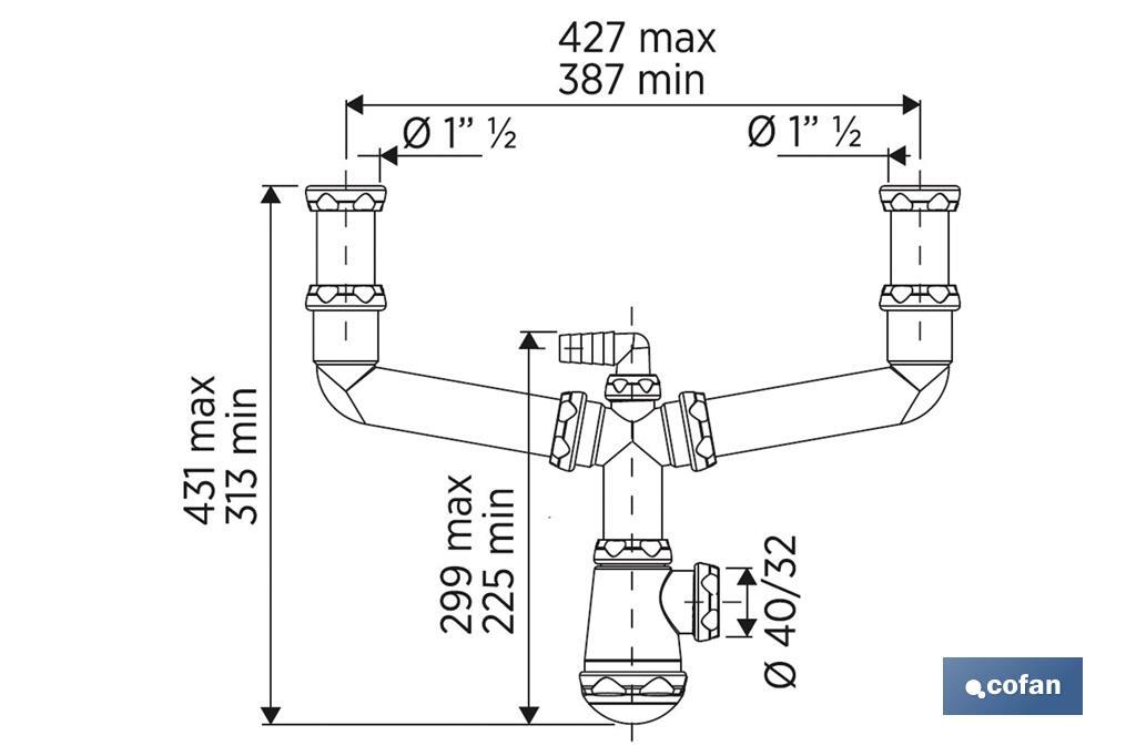 Siphon Bouteille | Extensible | Avec Sortie de Ø40 mm | Double Raccord de 1" 1/2 | Joint conique réducteur de Ø32 mm - Cofan