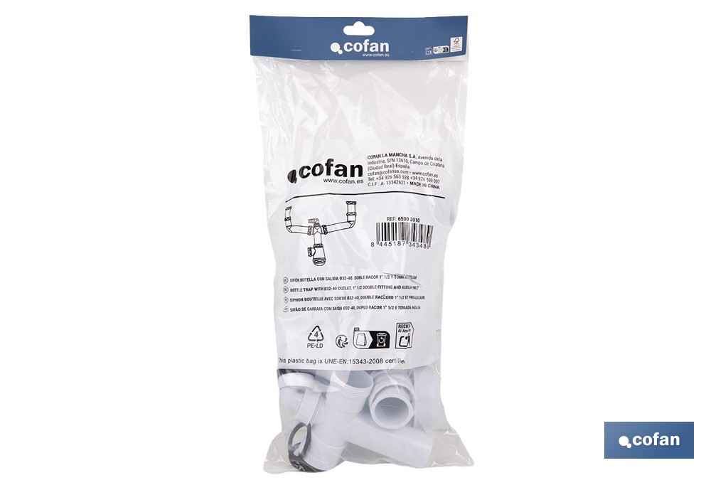 Bottle Trap | Extensible Siphon | With 40mm Outlet | 1" 1/2 Double Fitting | Ø32mm Conical Reduction Gasket - Cofan