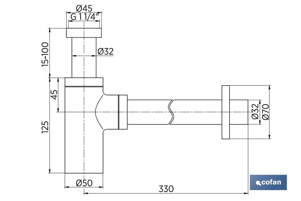 Sifão de garrafa | Extensível | Cromado Cilíndrico | Saída horizontal de 330 mm de comprimento e Ø32 mm - Cofan