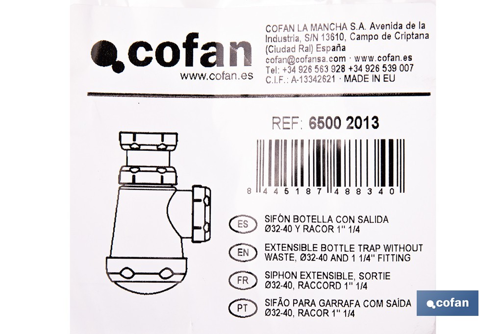 Sifón de botella corto extensible | Salida ajustable de Ø32-40 mm | Adecuado para lavabo | Disponible con diferentes tamaños de racor - Cofan