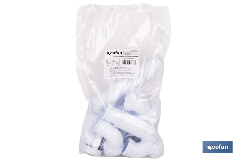 Sifón curvo doble extensible | Salida orientable de Ø32-40 mm y racores de 1 1/2" | Adecuado para fregaderos - Cofan