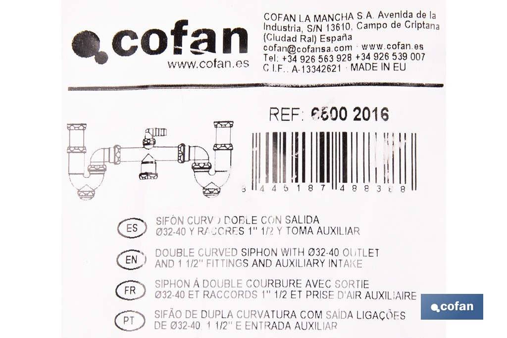 Sifón curvo doble extensible | Salida orientable de Ø32-40 mm y racores de 1 1/2" | Adecuado para fregaderos - Cofan