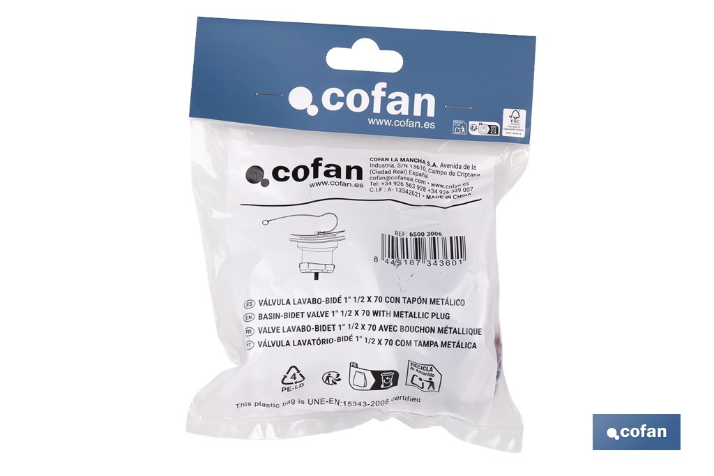 Valve for Basin and Bidet | Size: 1" 1/4 x 70 or 1" 1/2 x 70 | Polypropylene | Screw, Plug and Chain with Two Rings Included - Cofan