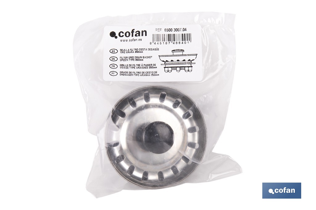 Rejilla con filtro para fregadero de acero inoxidable | Rejilla tipo araña Ø60 mm - Cofan