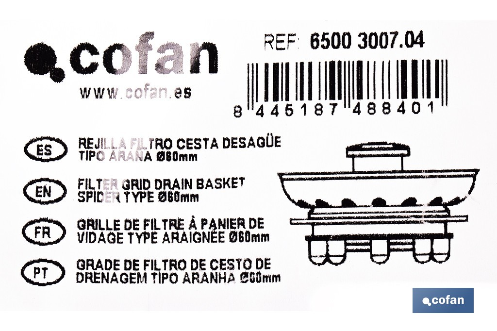 Rejilla con filtro para fregadero de acero inoxidable | Rejilla tipo araña Ø60 mm - Cofan