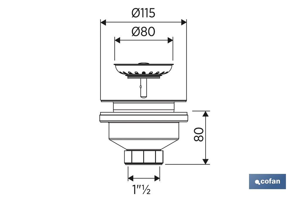 Válvula para banca | Fabricado em polipropileno | Medidas: 1 "1/2 x 115 | com cesta de rede de aço inox - Cofan