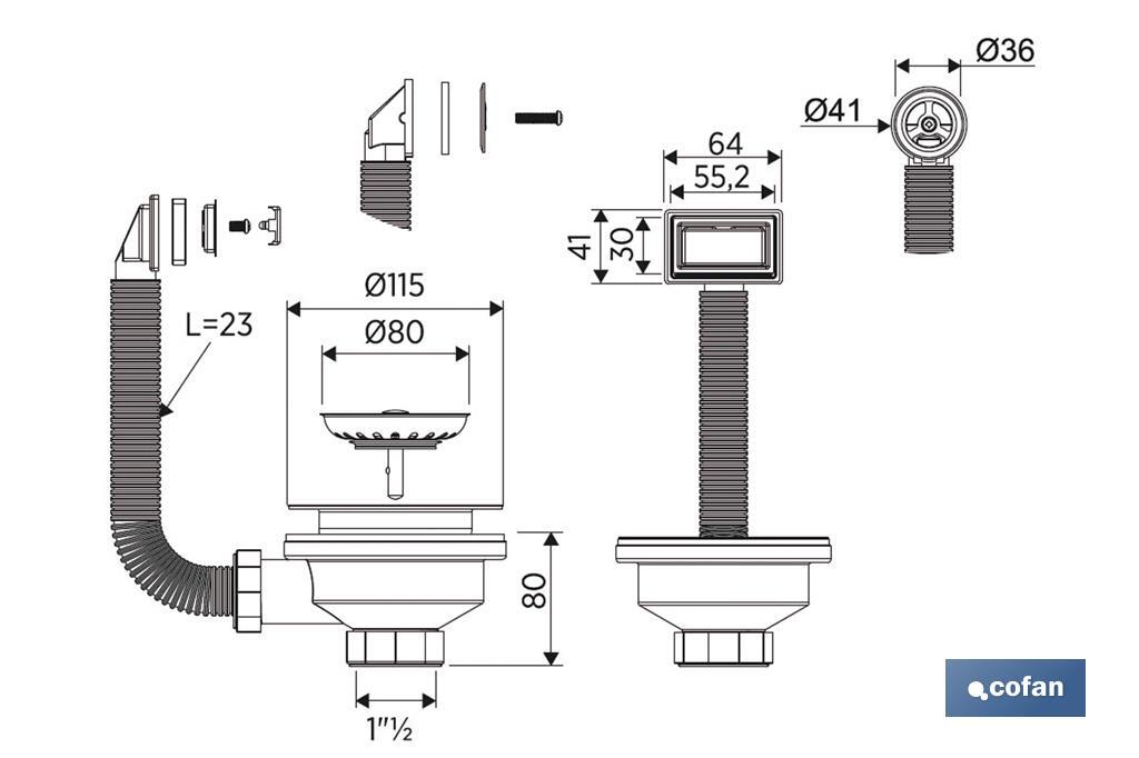 Valve pour Évier | Dimensions : 1" 1/2 x 115 | Avec Bonde à Panier en Acier Inox et Vis | 2 Modèles de Trop-plein - Cofan