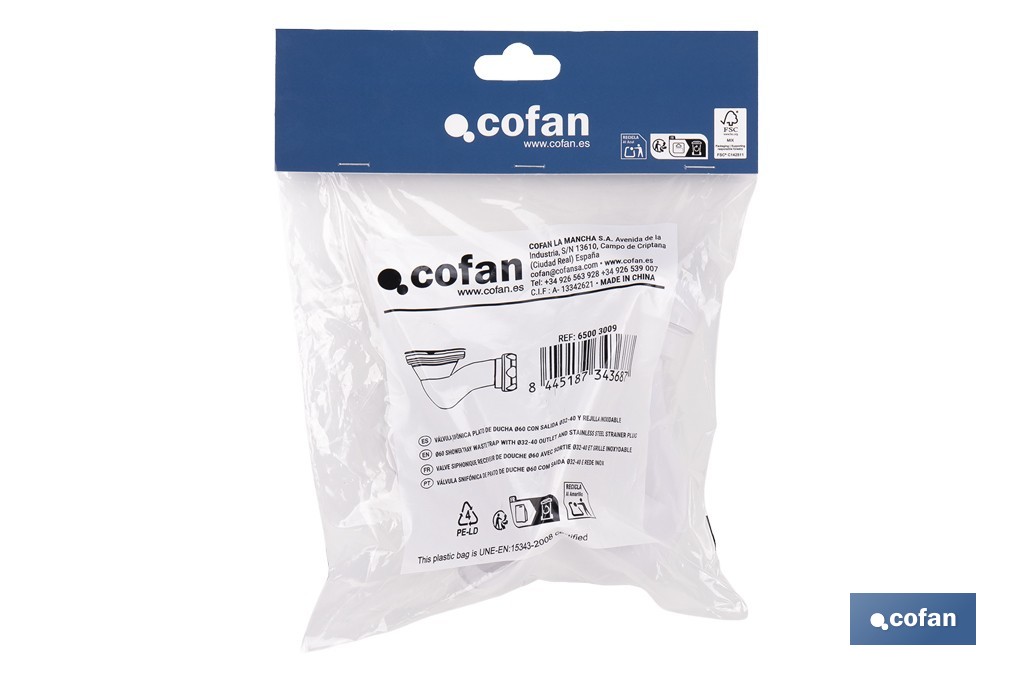 Valve Siphonique pour Receveur de Douche | Orifice de 60 mm | Grille de ø82 mm | Sortie de Ø40 mm - Cofan