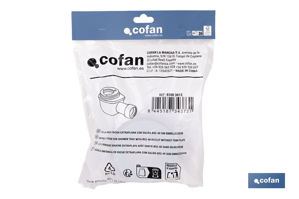 Válvula Sifónica Extraplana para Plato de Ducha |Salida de Ø40 mm | Junta cónica reductora de Ø32 mm | Sin Embellecedor - Cofan