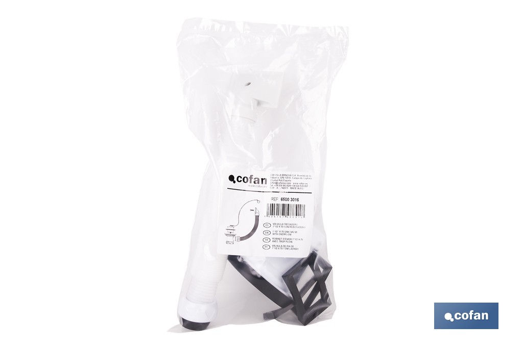 Válvula de fregadero con rebosadero flexible | Racor 1 1/2", válvula 70 mm y salida ajustable Ø32-40 mm - Cofan