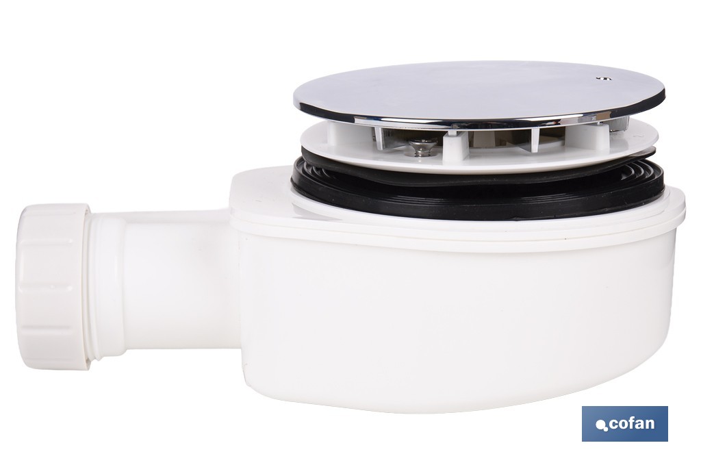 Válvula sifónica extraplana para ducha | Embellecedor cromado de acero inoxidable | Salida horizontal de Ø32-40 mm - Cofan