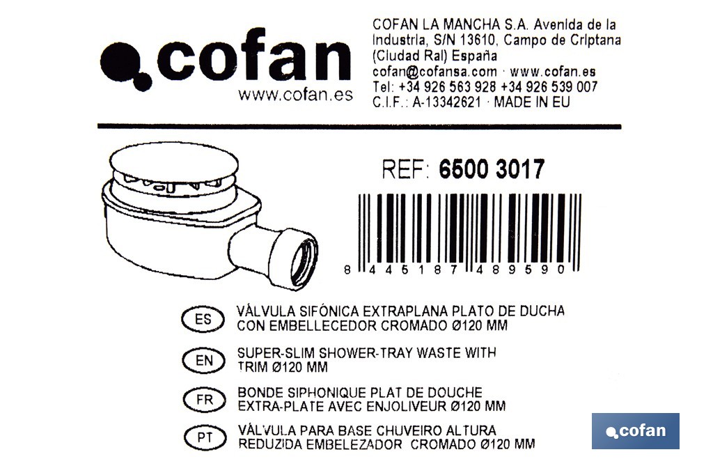Válvula sifónica extraplana para ducha | Embellecedor cromado de acero inoxidable | Salida horizontal de Ø32-40 mm - Cofan