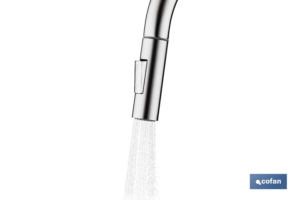Grifo de cocina extensible con rociador de 2 funciones | Giratorio 360° | Cartucho cerámico de Ø35 mm y latiguillos de 50 cm | Disponible en diferentes acabados - Cofan