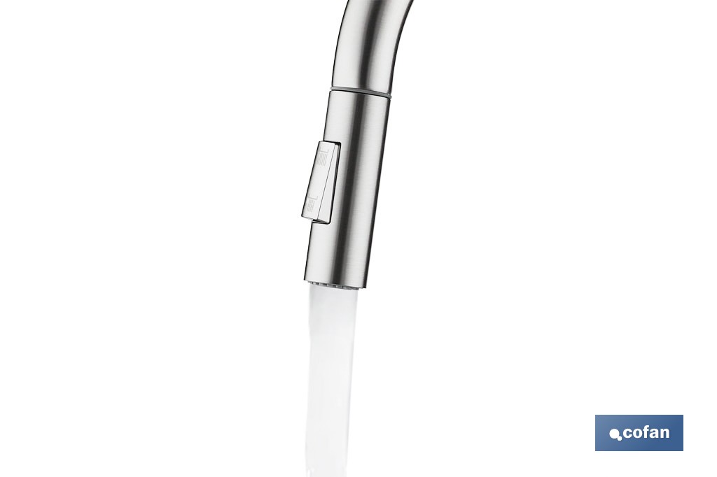 Grifo de cocina extensible con rociador de 2 funciones | Giratorio 360° | Cartucho cerámico de Ø35 mm y latiguillos de 50 cm | Disponible en diferentes acabados - Cofan
