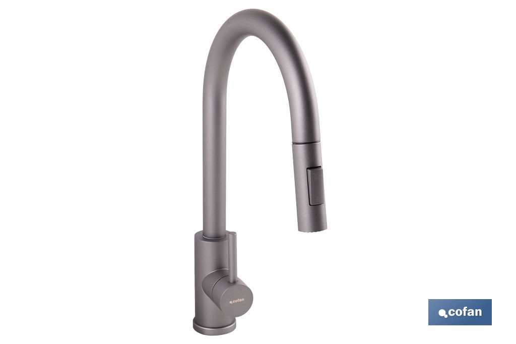 Grifo de cocina extensible con rociador de 2 funciones | Giratorio 360° | Cartucho cerámico de Ø35 mm y latiguillos de 50 cm | Disponible en diferentes acabados - Cofan