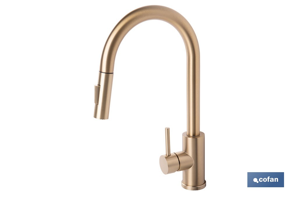 Grifo de cocina extensible con rociador de 2 funciones | Giratorio 360° | Cartucho cerámico de Ø35 mm y latiguillos de 50 cm | Disponible en diferentes acabados - Cofan
