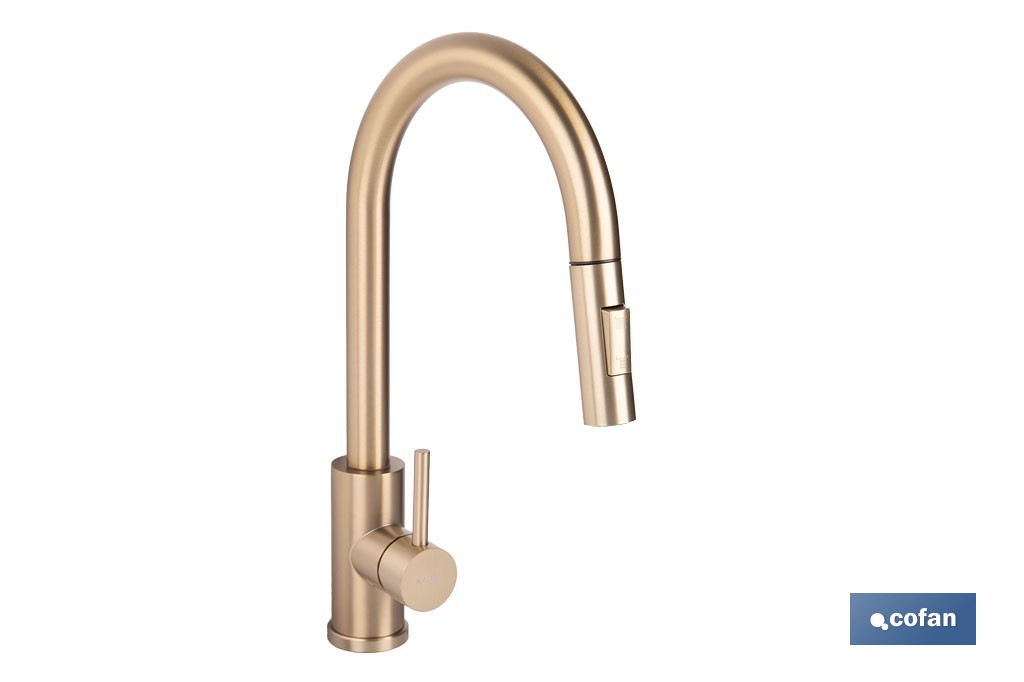Grifo de cocina extensible con rociador de 2 funciones | Giratorio 360° | Cartucho cerámico de Ø35 mm y latiguillos de 50 cm | Disponible en diferentes acabados - Cofan