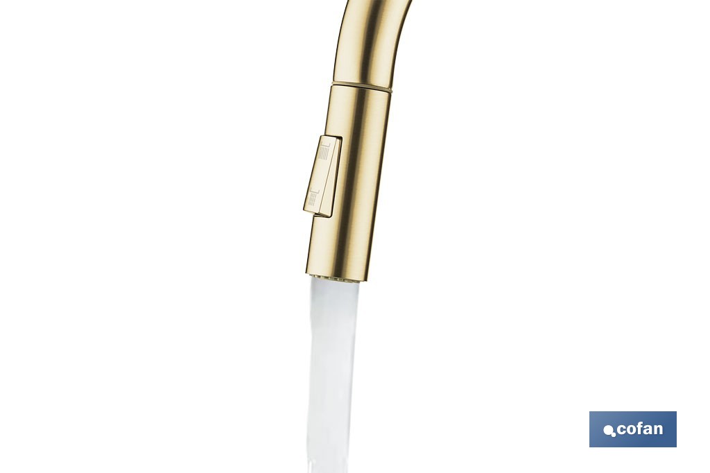 Grifo de cocina extensible con rociador de 2 funciones | Giratorio 360° | Cartucho cerámico de Ø35 mm y latiguillos de 50 cm | Disponible en diferentes acabados - Cofan