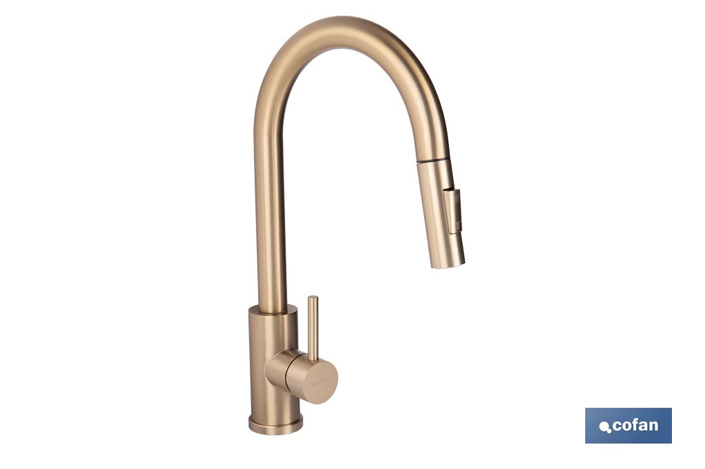 Grifo de cocina extensible con rociador de 2 funciones | Giratorio 360° | Cartucho cerámico de Ø35 mm y latiguillos de 50 cm | Disponible en diferentes acabados - Cofan
