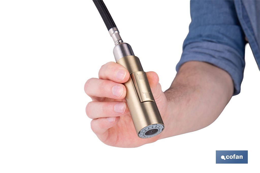 Grifo de cocina extensible con rociador de 2 funciones | Giratorio 360° | Cartucho cerámico de Ø35 mm y latiguillos de 50 cm | Disponible en diferentes acabados - Cofan