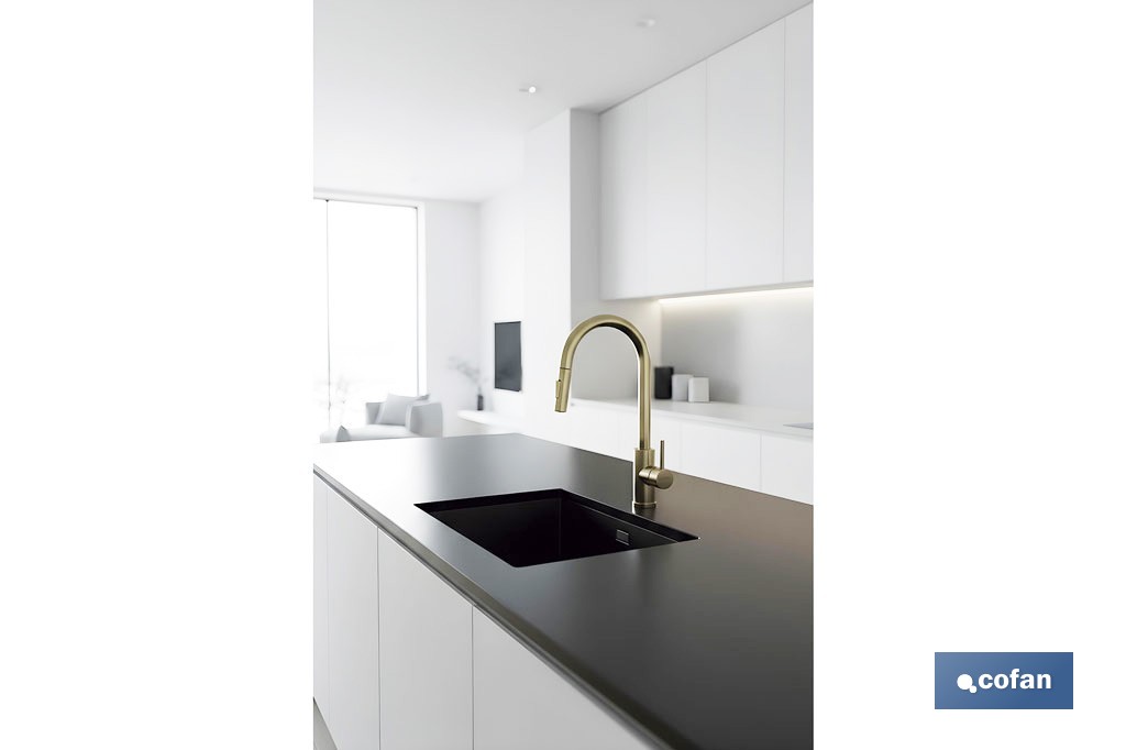 Grifo de cocina extensible con rociador de 2 funciones | Giratorio 360° | Cartucho cerámico de Ø35 mm y latiguillos de 50 cm | Disponible en diferentes acabados - Cofan