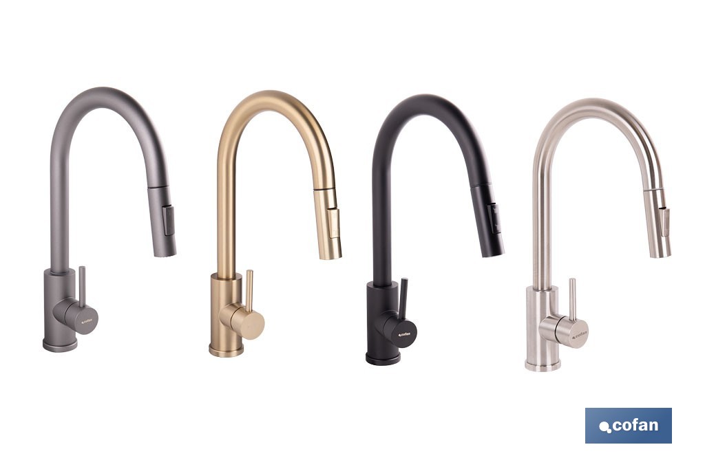 Grifo de cocina extensible con rociador de 2 funciones | Giratorio 360° | Cartucho cerámico de Ø35 mm y latiguillos de 50 cm | Disponible en diferentes acabados - Cofan