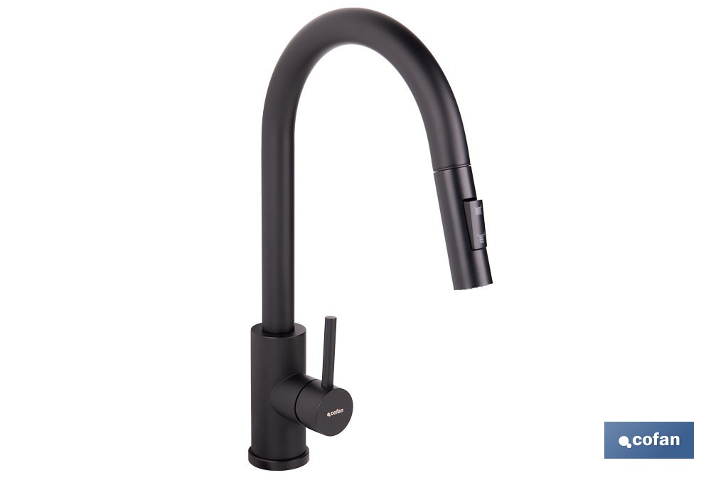 Grifo de cocina extensible con rociador de 2 funciones | Giratorio 360° | Cartucho cerámico de Ø35 mm y latiguillos de 50 cm | Disponible en diferentes acabados - Cofan