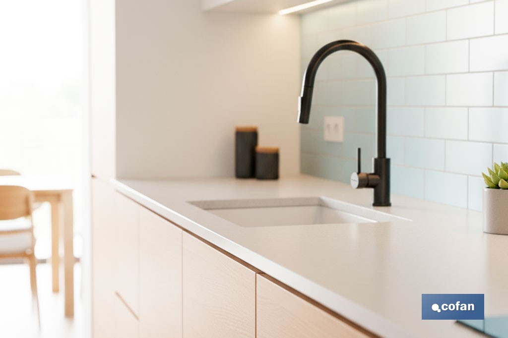 Grifo de cocina extensible con rociador de 2 funciones | Giratorio 360° | Cartucho cerámico de Ø35 mm y latiguillos de 50 cm | Disponible en diferentes acabados - Cofan