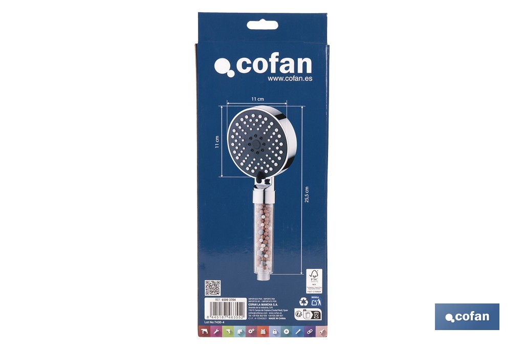 Mango de ducha iónico con esferas minerales de colores | 5 funciones | Material: ABS cromado + PC - Cofan