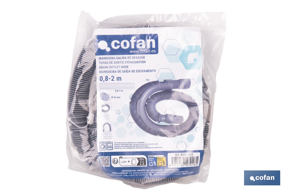 Manguera de desagüe para lavadora | Flexible corrugada con 0,8 a 2 metros y Ø24 mm - Cofan