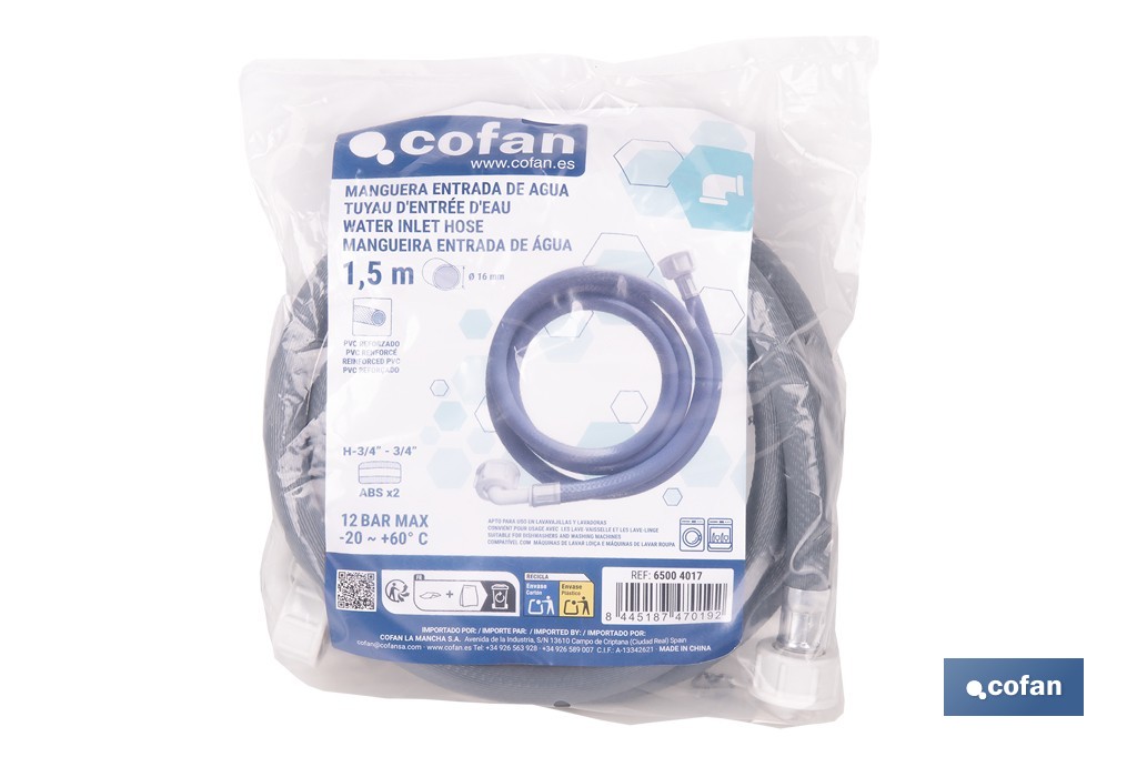 Manguera de entrada de agua con tuercas ABS para lavadora y lavavajillas con 1,5 m de longitud. Conexión 3/4" y hasta 12 bar - Cofan